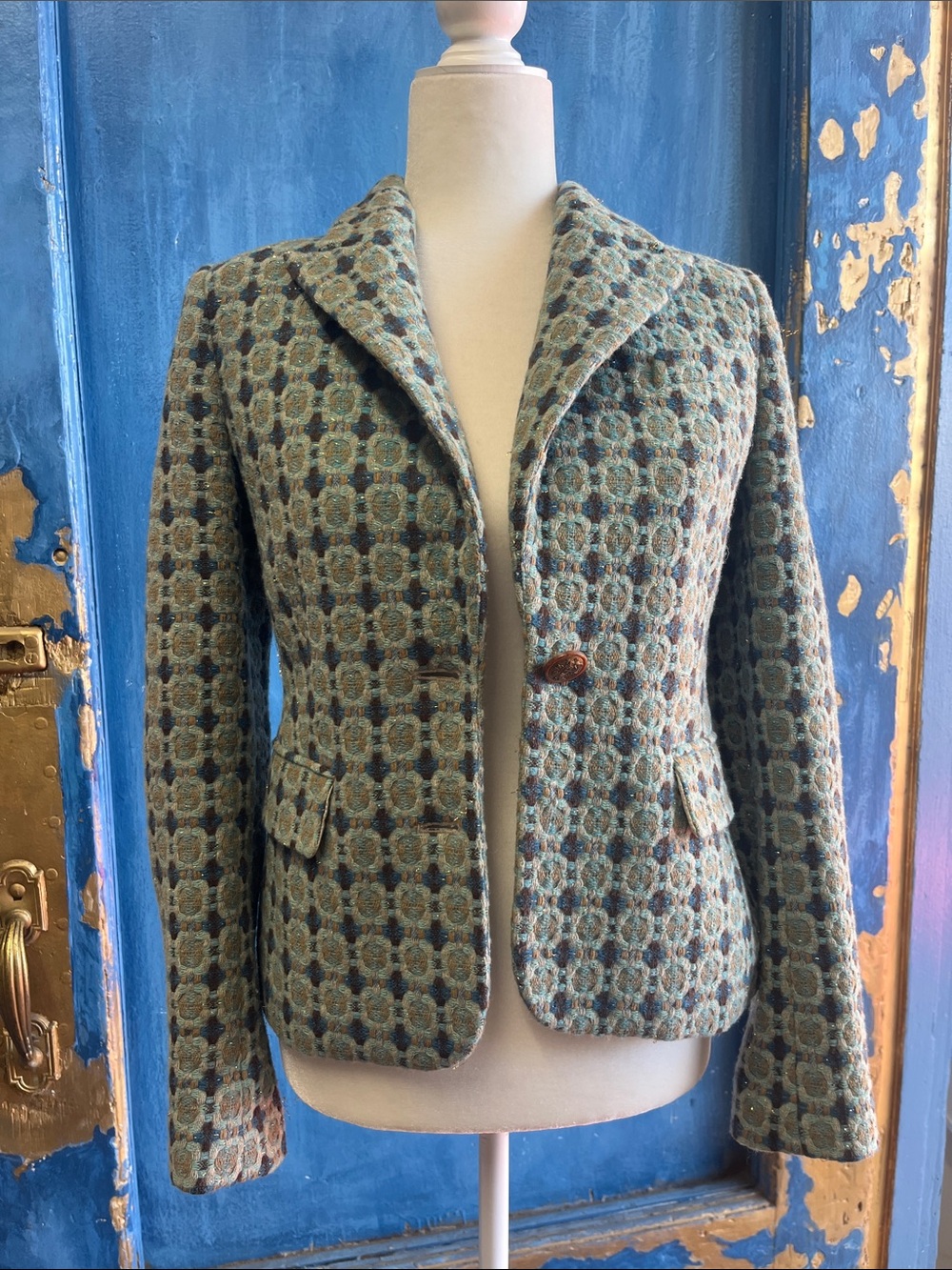 Juicy Couture Patterned Tweed Blazer Jacket in Teal Multi